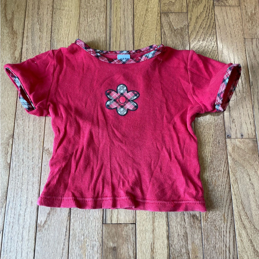 VINTAGE Y2K KIDS PLAY RED PLAID FLOWER GRAPHIC PRINT T SHIRT SIZE 6X